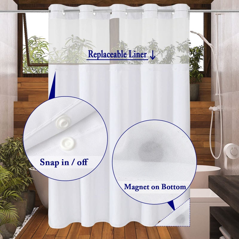 Gibelle No Hook Waffle Weave Shower Curtain with Snap-in Fabric Liner Set for Bathroom  Hotel Style with Mesh Top Window  Waterproof & Washable  White  72x74 - Image 3